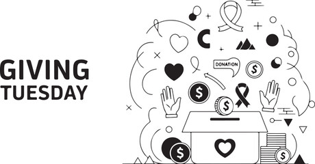 Obraz premium Giving Tuesday doodle with donation box and money symbols charity fundraising