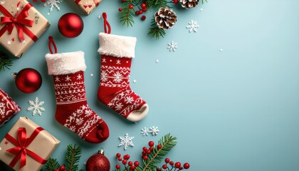 Festive christmas stockings and gifts cozy home setting holiday decor colorful background aesthetic arrangement celebratory vibes