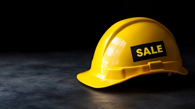 Bright yellow safety helmet with 'SALE' sticker symbolizes discounted construction gear. Equipment deals for professionals! Protect yourself with price cuts, today!