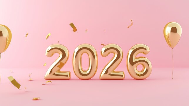3D golden text '2026' on a pink solid background, vector illustration, with metallic texture and glossy effect, leaving white space, suitable for professional high-resolution design.
