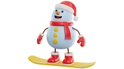Joyful cartoon snowman character wearing a red santa hat and scarf snowboarding down a snowy slope isolated on transparent background