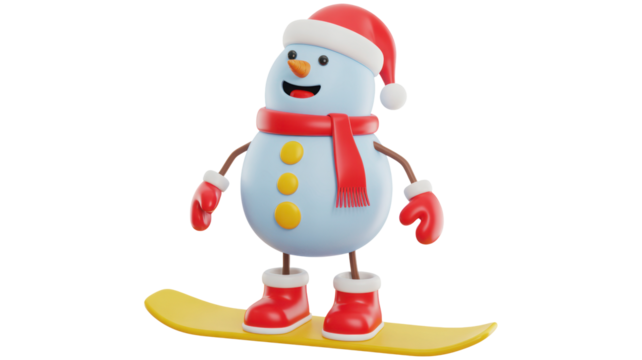 Joyful cartoon snowman character wearing a red santa hat and scarf snowboarding down a snowy slope isolated on transparent background