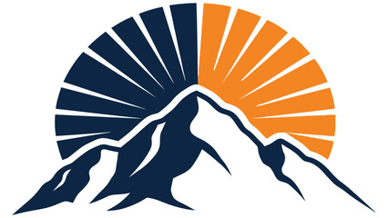 Flat logo of Mountain Silhouette with Dual Color Sunburst Vector Landscape