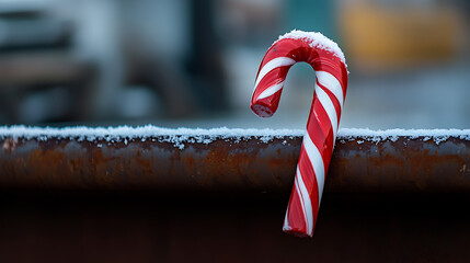 Festive delight: A red and white candy cane rests on a snowy surface, a sweet reminder of the holiday season. The frosty setting enhances the winter spirit.