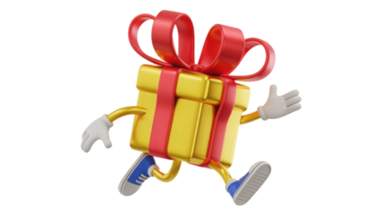 A cheerful cartoon yellow gift box with a big red ribbon and bow walking happily with arms and legs isolated on transparent background