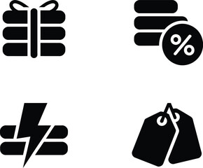 Black Sale and Discount Icons Set – Gift Box, Percentage Sign, Lightning Offer, and Tag Bundle Symbols