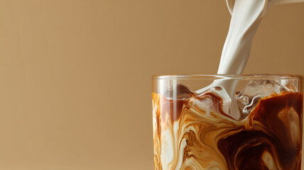Pouring milk into a glass of coffee, creating a beautiful swirling effect. A refreshing drink for a moment of relaxation