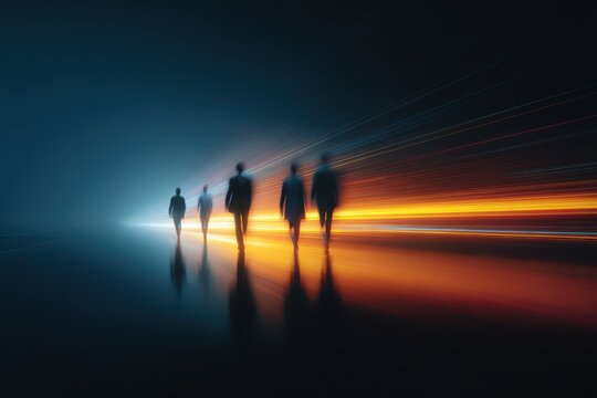 Silhouettes of business people walking through illuminated corridor with glowing blue and orange light trails, representing teamwork, innovation, and the fast-moving pace of modern corporate life