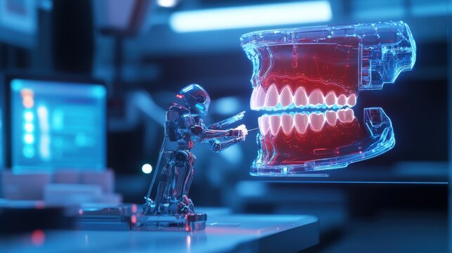 A small futuristic robot operates in a high-tech lab examining a glowing red-blue holographic jaw