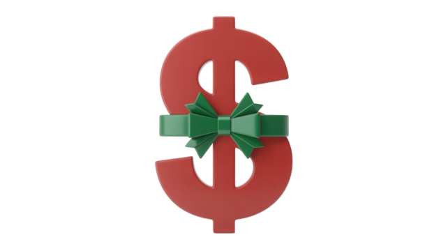 A vibrant red dollar sign symbol adorned with a festive green ribbon and bow representing a gift of money or financial bonus isolated on transparent background - Powered by Adobe