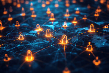 An abstract image of a global cybersecurity network. Glowing orange locks are connected by lines against a world map, symbolizing data protection, digital encryption, and secure connections.  