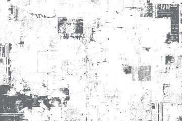 Distressed grey newspaper collage texture with faded text and abstract shapes on white background grunge