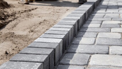 Close-up of new gray paver walkway under construction
