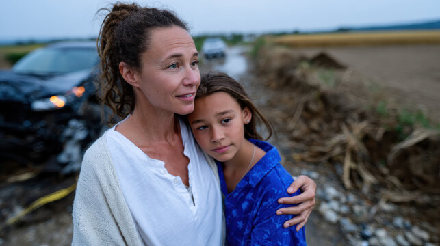 A mother tenderly holds her daughter close after a vehicle accident on a muddy road, showcasing a deep bond marked with concern, love, and reassurance in a challenging moment.
