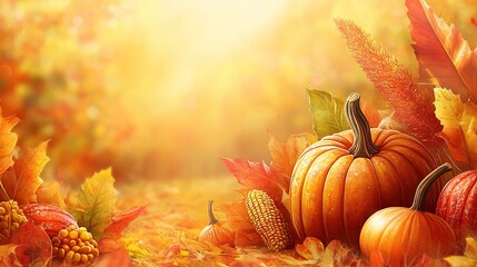 vibrant autumn background with pumpkins, corn cobs, and colorful leaves, perfect for showcasing your fall-themed products or advertising special events.