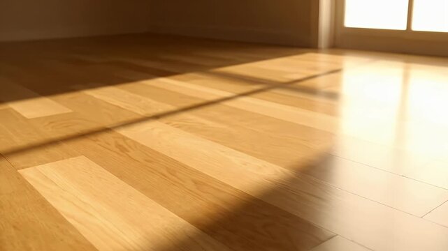 Sunlight Streaming Through Window onto Wooden Herringbone Floor in Empty Room