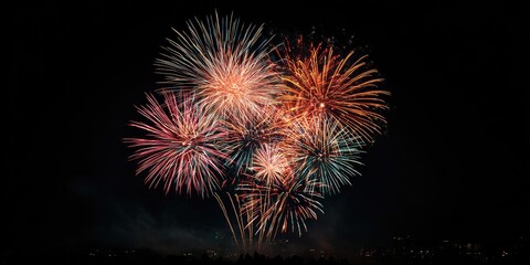 Colorful bursts of light illuminate a dark sky during a nighttime pyrotechnic display