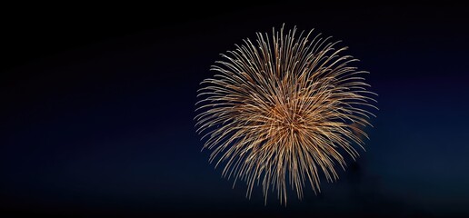 A golden firework explodes in the night sky, its sparks radiating outwards against a gradient of blue