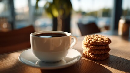 Warm morning light shining on cup of black coffee with stack of oatmeal cookies on wooden cafe table near window