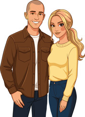Happy young couple standing together smiling, modern man and woman posing casually in stylish clothing, romantic relationship illustration, love and togetherness vector art