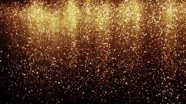 Golden falling glitter particles sparkle dust on black background for new year party event overlay