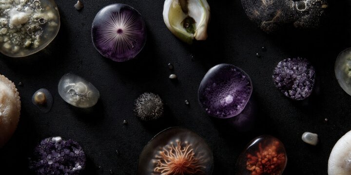 Translucent floating shapes with glowing golden particles on a dark background.