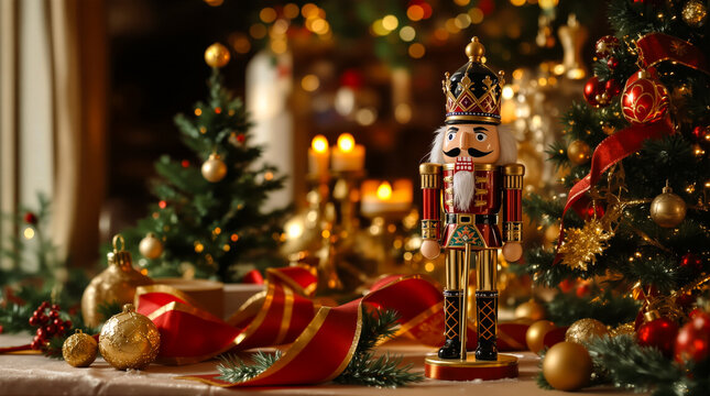 Nussknacker mit festlicher Weihnachtsdekoration und Ornamenten