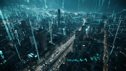 A futuristic cityscape, bathed in blue light, with data streams weaving through the buildings - Powered by Adobe