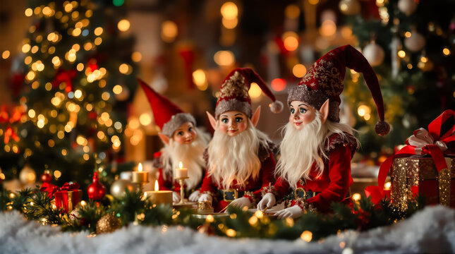 Weihnachtsdekoration mit drei Wichtelpuppen, Kerzen und Geschenken vor funkelndem Tannenbaum