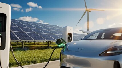 EV connected to a charging station near solar and wind energy installations, highlighting clean energy integration, sustainable mobility, and environmentally conscious infrastructure development

