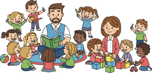 Preschool classroom with children learning through play, storytelling, block building, teacher interaction, joyful early education, diverse kids, indoor activity scene