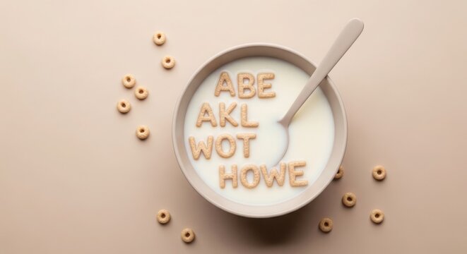 Cereal letters spell out ABE AKL WOT HOWE in a bowl of milk isolated PNG with Transparent Background