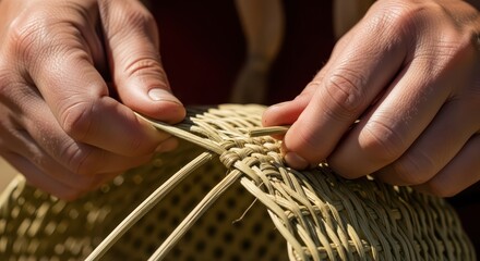 Close-up of hands weaving a traditional basket
