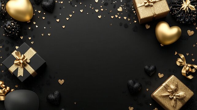Black and Gold Heart Gift Box Decor Image, Romantic Promotion Design Element (Suitable for Valentine's Day Promotion, E - commerce Design, Visual Materials, etc.)