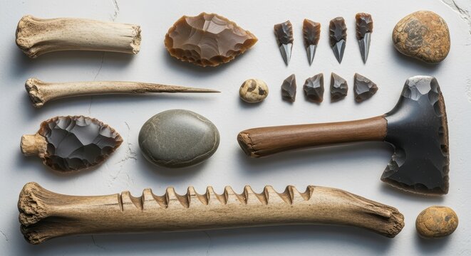 Ancient stone and bone tools with handcrafted arrowheads and axe on white background