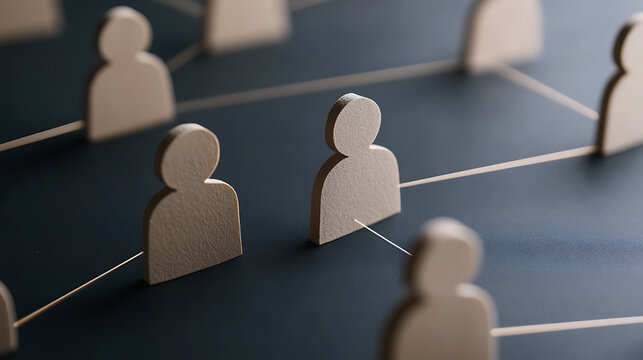 Connected figures on a dark blue surface, symbolizing networking and interpersonal relations. Represents social connection and communication. The figures are minimal.