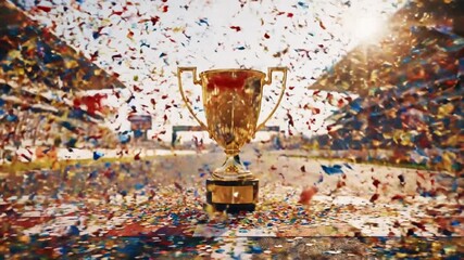 Glittering golden championship trophy standing on a racing track amid festive bursts of color, highlighting triumph, award recognition, and the excitement of sports victories