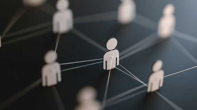 Abstract social network concept with stylized human figures connected by lines. Visualizes connectivity and teamwork, suitable for business or organizational themes. 174