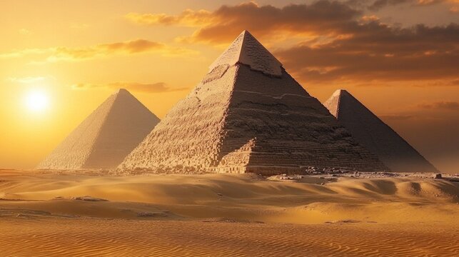 The majestic pyramids at sunset embody ancient history and serve as a cultural backdrop for educational projects on human heritage.