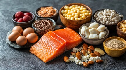 A variety of foods, including fish, nuts, and legumes, symbolise health, making them suitable as an atmospheric backdrop for a culinary blog.