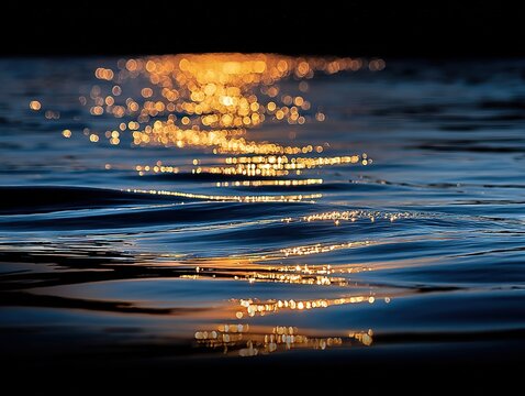 Golden reflections shimmer across the darkening water, each gentle wave catching scattered points of light as the last glow of sunset drifts into the night
