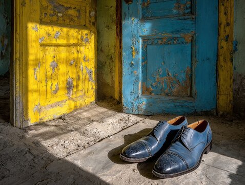A pair of polished blue shoes rests in sunlight before weathered yellow and blue doors, their peeling paint casting textured shadows across the dusty stone floor