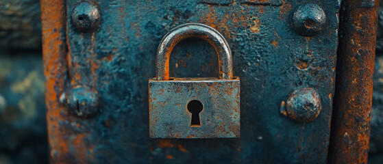 A rusty lock on a metal door symbolises abandonment, serving as a fitting backdrop for detective stories or mysterious plots.