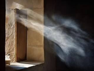 Sunlight streams through the narrow window, catching swirling dust in midair as soft golden rays sweep across the stone wall in a quiet, atmospheric motion