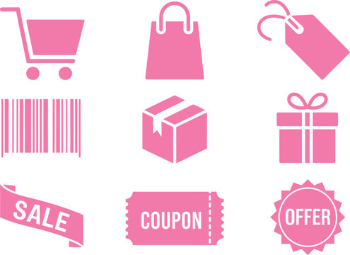 Shopping and coupon pink icons set. sale, tag, gift, barcode, cart vector illustration