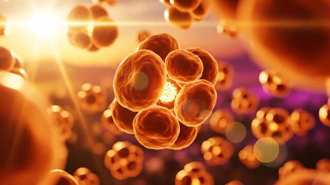 Clusters of orange cells float in a vibrant background, showcasing a biological microcosm. The glowing cells shimmer against a gradient sky, emphasizing their intricate structures.