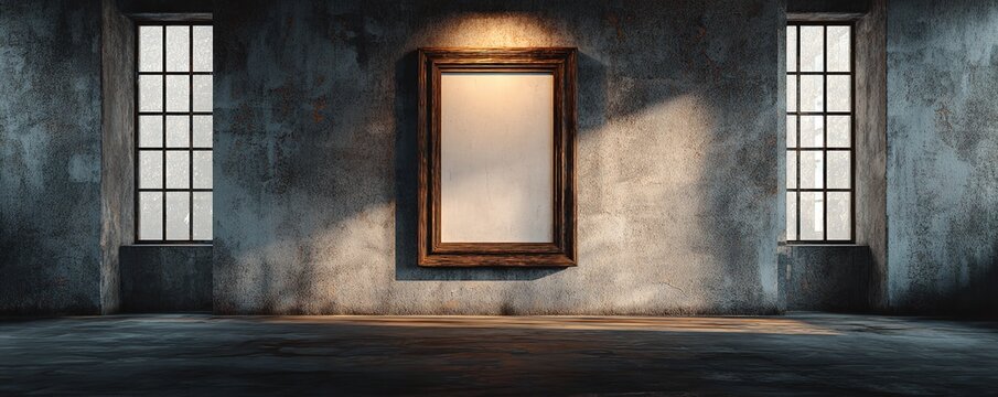 Empty ornate picture frame bathed in dramatic light on textured wall with window views, perfect for modern gallery or historical setting
