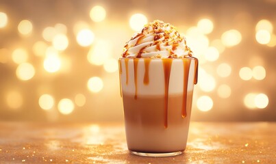 Warm caramel latte topped with whipped cream, nuts, and drizzling sauce, creating a festive holiday drink experience