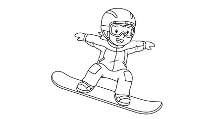 Child snowboarding on a slope wearing a helmet and goggles  