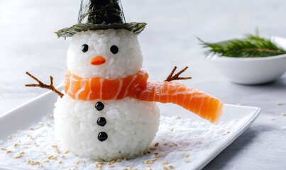 Creative sushi snowman made from rice, salmon, and nori, serving a festive and unique japanese food art concept for winter